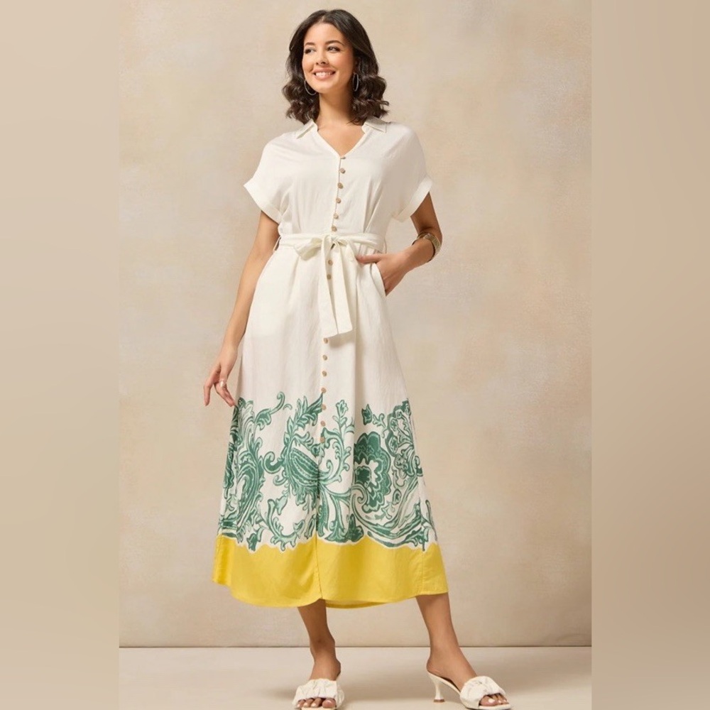 Zara White & Green Linen Midi Dress Button Front Belted Size S